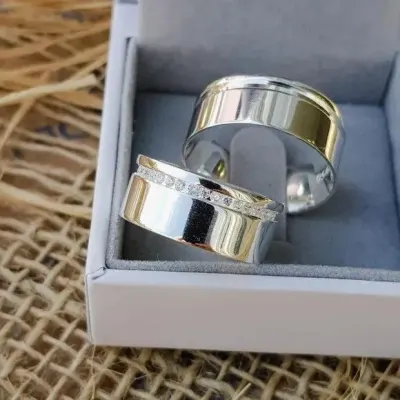 Par Alianças Prata 950 Namoro 8mm + Anel Compromisso - artesanato de TM JOIAS