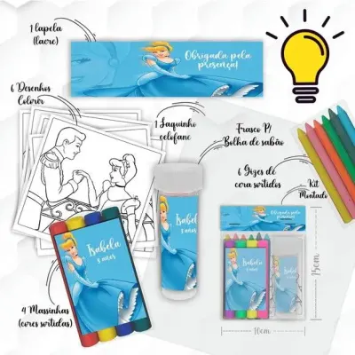 Kit Massinha + Giz + Bolha Cinderela Personalizado - artesanato de Mi Papelaria Criativa