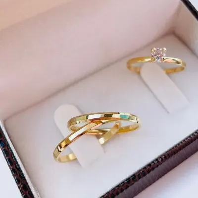 Alianças de Ouro 18k 2mm 2grs Casamento + Anel Solitário - artesanato de TM JOIAS