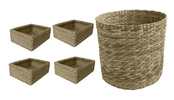 Kit 4 Cestos 42x23x16 e 1 Cesto Redondo 35x37 Taboa Natural - artesanato de Mundo Urbano