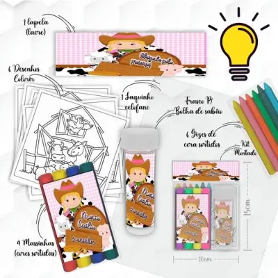 Kit Massinha + Giz + Bolha Fazendinha Rosa Personalizado - artesanato de Mi Papelaria Criativa