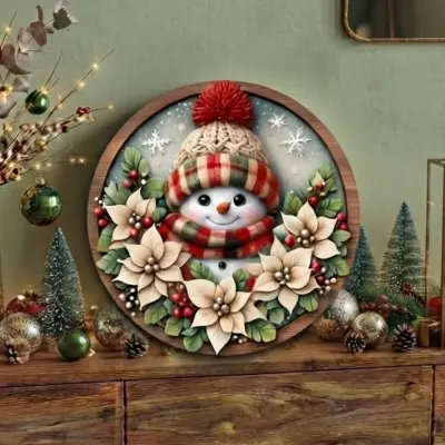 Placa decorativa MDF 33 cm Guirlanda de Natal enfeite de porta Boneco de Neve com flores - artesanato de Limão e Amora Festas