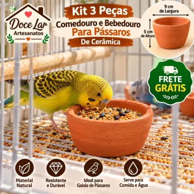 Kit 3 Peças Comedouro e Bebedouro para Gaiola de Pássaros De Cerâmica - artesanato de Doce Lar Artesanatos