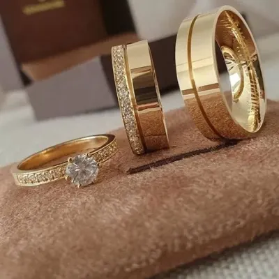 Alianças de Ouro 18k 6mm 6grs Casamento + Anel Solitário - artesanato de TM JOIAS