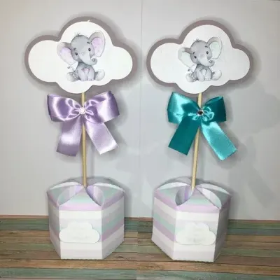 Centro De Mesa Chá Revelação Elefantinhos - artesanato de Fina Essência Papelaria Personalizada