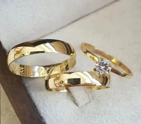 Par Alianças de Noivado Moeda Antiga 4mm + Anel Solitário - artesanato de TM JOIAS