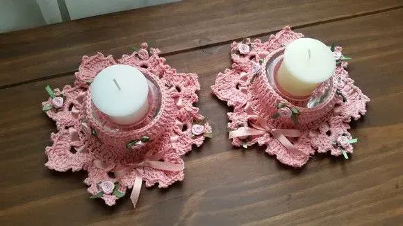 Conjunto de Porta Velas em Crochê Pêssego - artesanato de Mari Crochê feito com carinho!