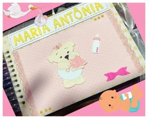 Álbum de Fotos Personalizado Ursinho Bebê - Rosa e Amarelo - artesanato de Ateliê de Criação Usina Caseira