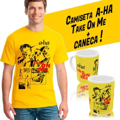 Kit camiseta+caneca a-Ha, wave anos 80, estampa take on me, exclusiva tamanhos unisex - artesanato de Lado B Rock Camisetas