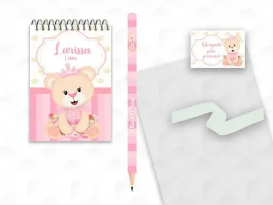 Bloquinho com Lápis Ursinha Princesa Personalizado - artesanato de creativitybynina