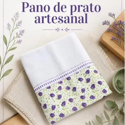 Pano de prato artesanal - com barrado de tecido 9 - artesanato de Djulik