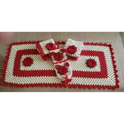 Jogo de Cozinha Crochê 03 Peças + Puxa Saco Flores Vermelhas - artesanato de Mari Crochê feito com carinho!