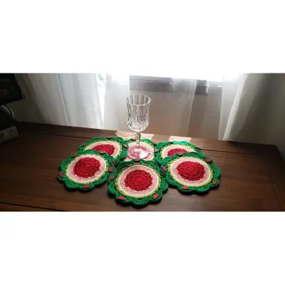 Descanso Copos em Crochê Melancia (06 Unidades) - artesanato de Mari Crochê feito com carinho!
