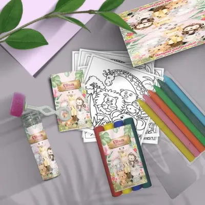 Kit Massinha + Giz + Bolha - Safari Rosa Personalizado - artesanato de Mi Papelaria Criativa