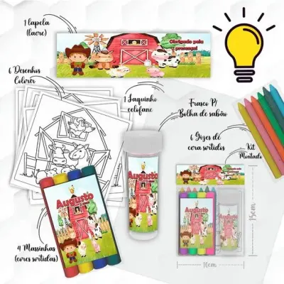 Kit Massinha + Giz + Bolha Fazendinha Personalizado - artesanato de Mi Papelaria Criativa
