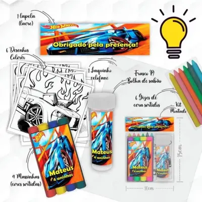 Kit Massinha + Giz + Bolha Hotwheels Personalizado - artesanato de Mi Papelaria Criativa