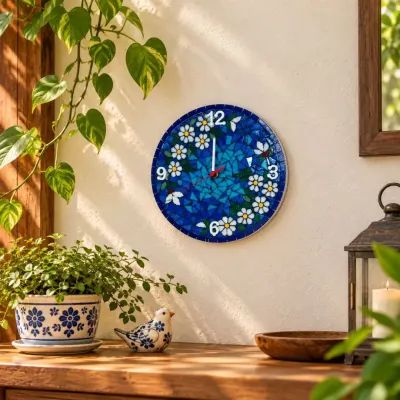 🕒 Relógio Mosaico Jardim Azul - 30 cm - artesanato de Crismosaico & madeiras