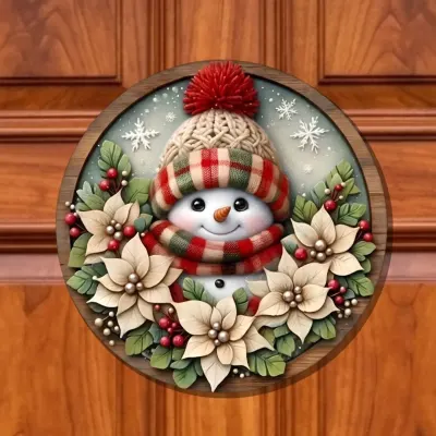 Guirlanda de Natal enfeite de porta Placa decorativa MDF 33 cm Boneco de Neve com flores - artesanato de Limão e Amora Festas