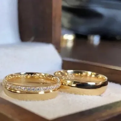 Alianças de Ouro 18k 6mm 6grs Casamento + Anel Solitário - artesanato de TM JOIAS