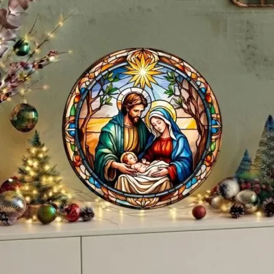 Placa decorativa MDF 33 cm Guirlanda de Natal enfeite de porta Presépio 3 - artesanato de Limão e Amora Festas