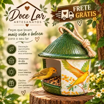 Comedouro De Pássaro De Cerâmica Artesanal Verde Outono - artesanato de Doce Lar Artesanatos