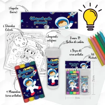 Kit Massinha + Giz + Bolha Astronauta Personalizado - artesanato de Mi Papelaria Criativa