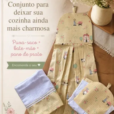 Kit com 3 peças - Pano de prato, bate mão e Puxa saco 5 - artesanato de Djulik