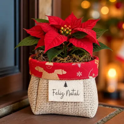 Cachepô 11cm Natal Juta e Tecido com Tag - Centro de Mesa e Lembrancinha - artesanato de Craft.Mimo