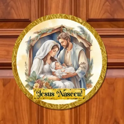 Guirlanda de Natal enfeite de porta Placa decorativa MDF 33 cm Presépio Jesus - artesanato de Limão e Amora Festas