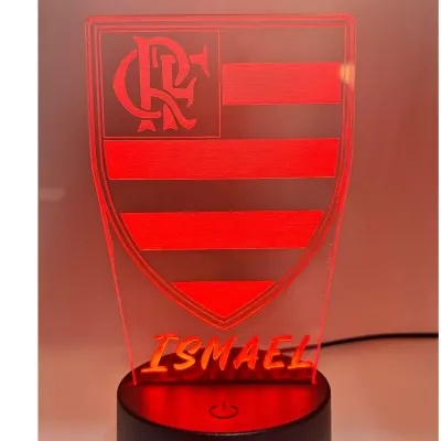 Luminária LED Acrílica Decorativa - Escudo Flamengo, Base Preta - artesanato de TINY LASER