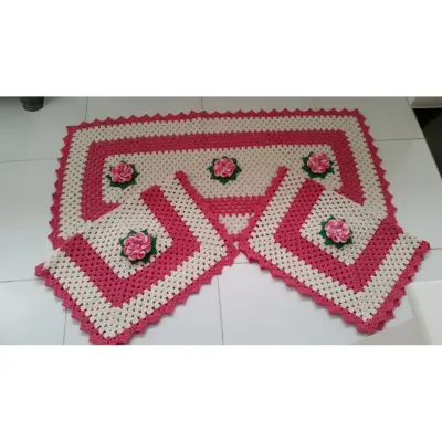 Jogo de Cozinha em Crochê 03 Peças - Flores Rosa Mesclado - artesanato de Mari Crochê feito com carinho!