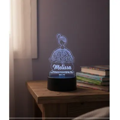 Luminaria menina com saia de flores personalizada para quarto em acrilico com base de led RGB - artesanato de TINY LASER