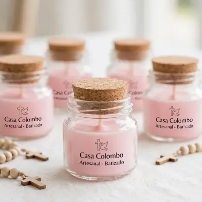 Mini Vela Aromática em Pote Geleinha com Tampa de Rolha - Lembrancinha de Batizado - artesanato de Casa Colombo Artesanal