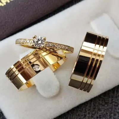 Alianças de Ouro 18k 8mm 8grs Casamento + Anel Solitário - artesanato de TM JOIAS