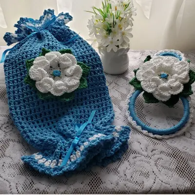 Porta Pano de Prato e Puxa Saco em Crochê - artesanato de Mari Crochê feito com carinho!
