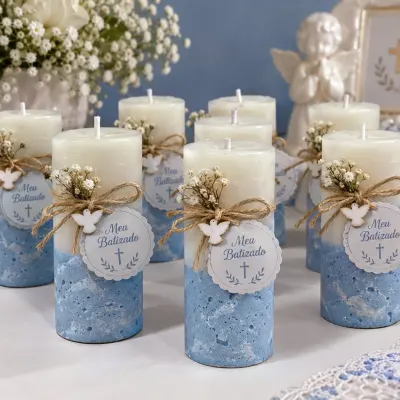 Vela Lembrancinha de Batizado - Linha Baby Class Cimento e Cera de Coco - artesanato de Casa Colombo Artesanal