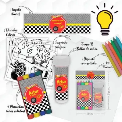 Kit Massinha + Giz + Bolha Hotwheels Personalizado - artesanato de Mi Papelaria Criativa