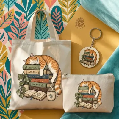 Kit Ecobag Necessaire E Chaveiro Presente Feminino Criativo Gato nos livros - artesanato de Limão e Amora Festas