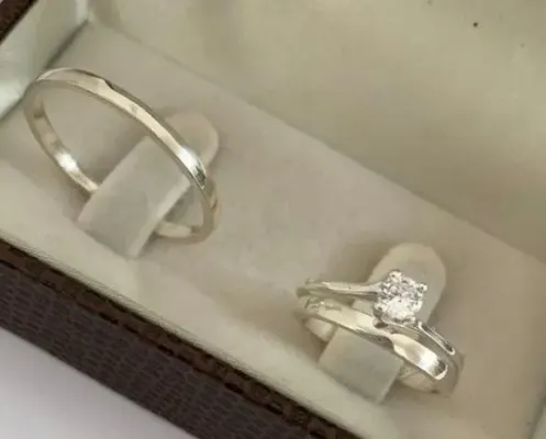 Par Alianças de Namoro Prata 950 2mm + Anel Solitário - artesanato de TM JOIAS
