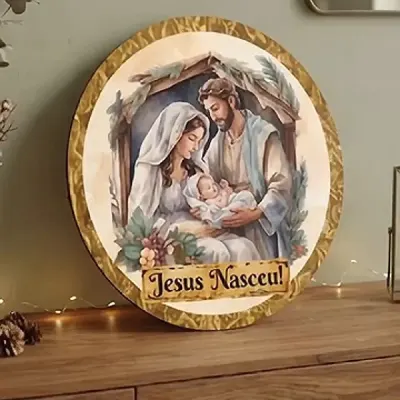 Placa decorativa MDF 33 cm Guirlanda de Natal enfeite de porta Presépio Jesus - artesanato de Limão e Amora Festas