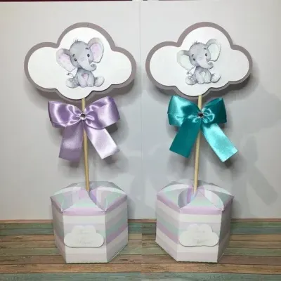 Centro De Mesa Chá Elefantinho Verde E Lilas - artesanato de Fina Essência Papelaria Personalizada