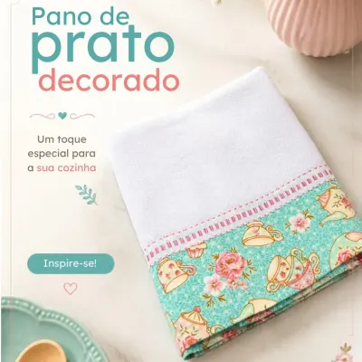 Pano de prato artesanal - com barrado de tecido 18 - artesanato de Djulik