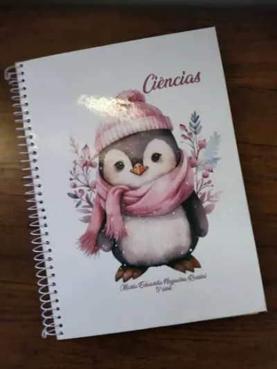 Caderno Capa Dura Grande Espiral 80fls - Pinguim Rosa - artesanato de Emejhu Personalizados