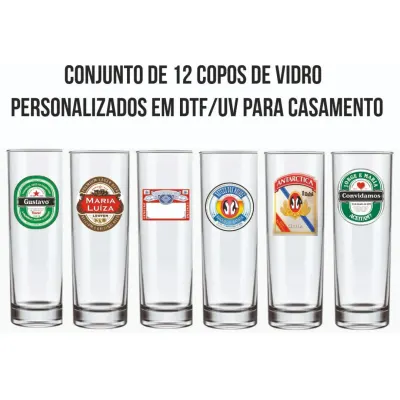 Conjunto de 6 Copos de Vidro - 300ml - Personalizados a Pedido do Cliente com Dtf/Uv para Comemoração, Casamentos e Eventos. - artesanato de Kharmo Arts Camisetas e Brindes Personalizados