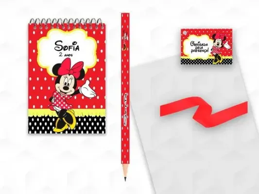 Bloquinho com Lápis Minnie Vermelha Personalizado - artesanato de creativitybynina