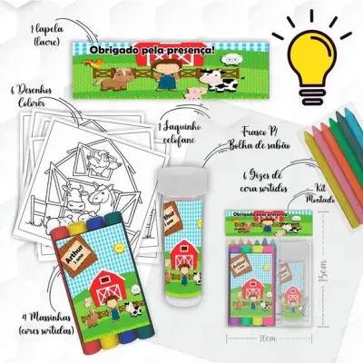 Kit Massinha + Giz + Bolha Fazendinha Personalizado - artesanato de Mi Papelaria Criativa