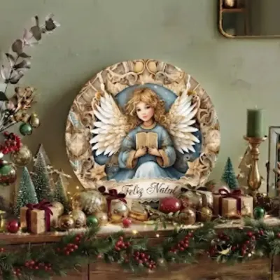 Placa decorativa MDF 33 cm Guirlanda de Natal enfeite de porta Anjo - artesanato de Limão e Amora Festas