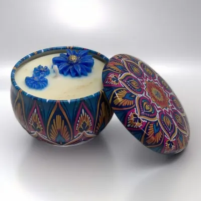 Vela Aromática Artesanal em Lata Mandala - Cera de Coco - artesanato de Casa Colombo Artesanal