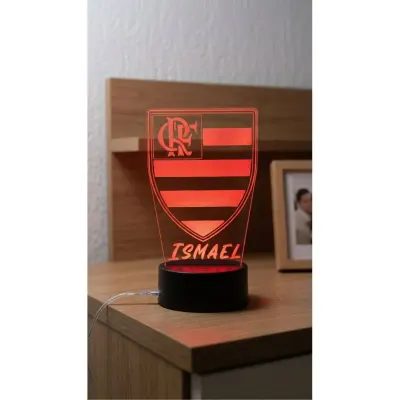 Luminária LED Acrílica Decorativa - Escudo Flamengo, Base Preta