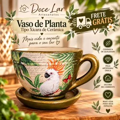 Vaso de Planta Tipo Xícara de Cerâmica Tamanho Médio Artesanal Cacatua - artesanato de Doce Lar Artesanatos